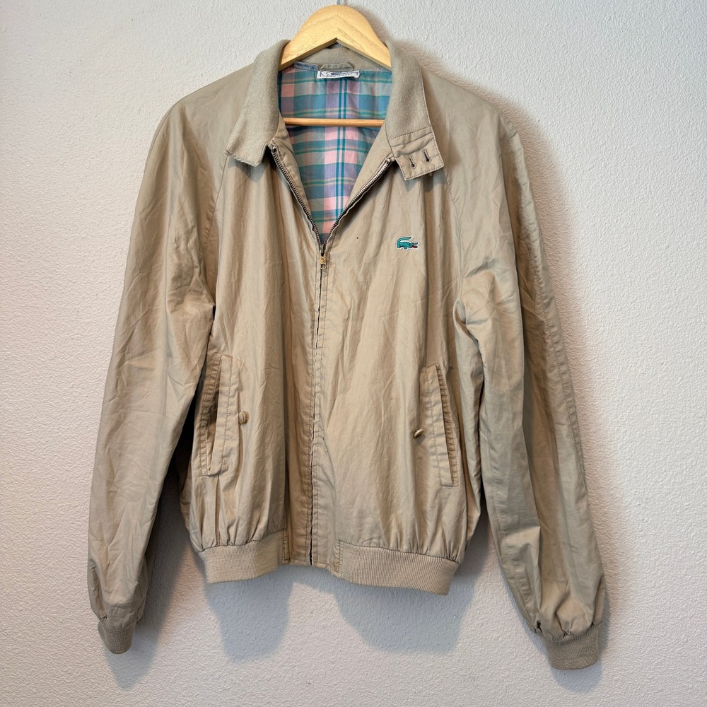 Vintage Distressed Izod Lacoste Tan Harrington Jacket Plaid Lined Mens Large
